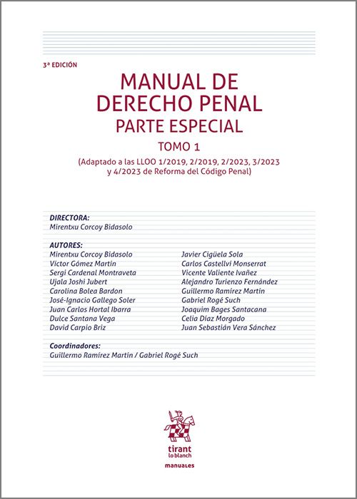 CORCOY BIDASOLO. Manual de Derecho penal. Parte Especial. Tomo 1. Tirant lo Blanch, 2023